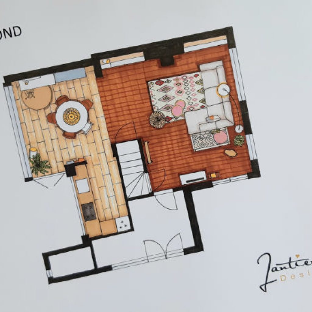 Plattegrond en indelingsplan voor een interieurontwerp met de hand getekend. Metamorfose van maar 3000 euro. Door Jantien Broere