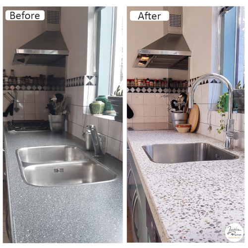 Voor en na situatie kunststof blad is vervangen door duurzaam blad van afvalmateriaal van Diggels.